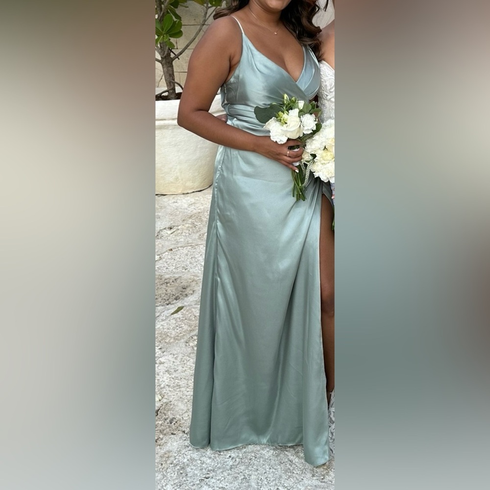 Sage green David’s bridal bridesmaid dress